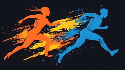 Silhouettes of two runners in motion, with dynamic paint strokes.