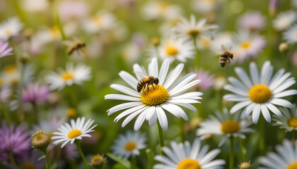 Fototapeta premium Bee on Daisy: A honeybee diligently collects pollen from a daisy in a vibrant field of wildflowers. The scene is a celebration of nature's intricate beauty and the essential role of pollinators.