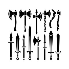 Ancient Weapons: A striking collection of ancient weapons, with detailed, minimalist, silhouettes. including swords, axes, and more. Ready for any action, from gaming to battle simulation.