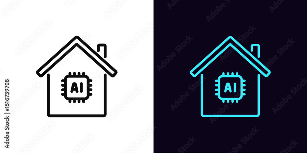 Poster outline ai home icon, with editable stroke. house icon with inbuilt ai system control, integrated ar