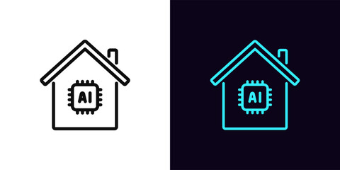 Outline AI home icon, with editable stroke. House icon with inbuilt AI system control, integrated artificial intelligence for building manage. Home security with smart AI algorithms. Vector icon