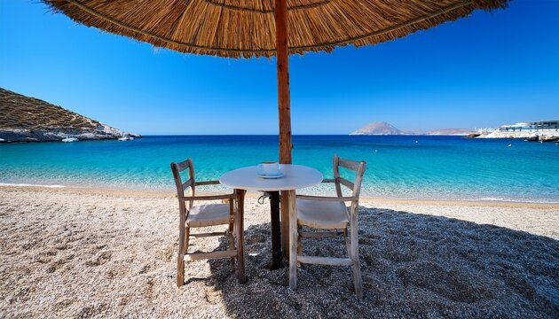 greek freddo espresso under a woven umbrella on vathi beach sifnos island
