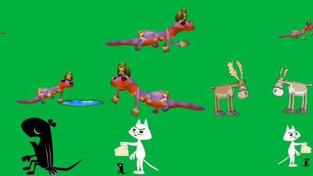 green screen white background cartoon dinosaur moose standing next each other black silhouette dog cat bird flying air character through it are side holding piece paper back running cheese .