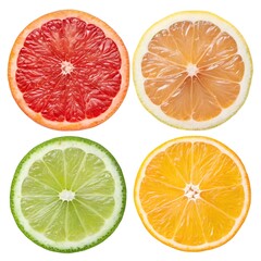 Obraz premium A vibrant collage showcasing four citrus fruit slices: grapefruit, lemon, lime, and orange, arranged in a visually appealing grid.