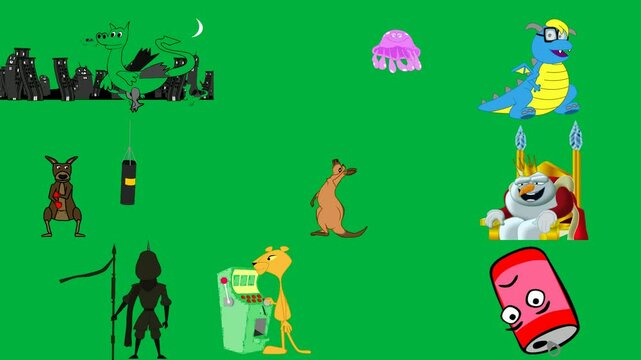 green screen black white silhouettes dinosaurs city purple octopus background cartoon character glasses dog boxing bag hanging ceiling kangaroo ball mouth sitting top throne silhouette man .