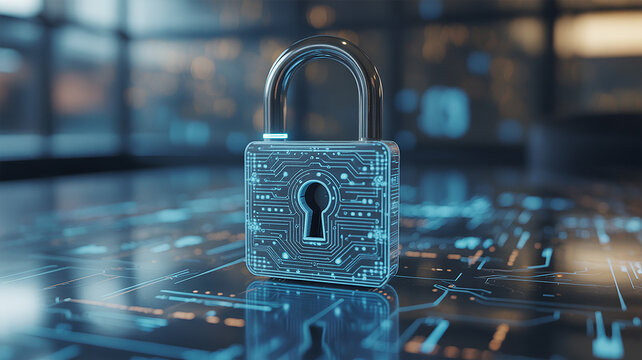 Cyber security concept featuring illuminated padlock with circuit board design for protection