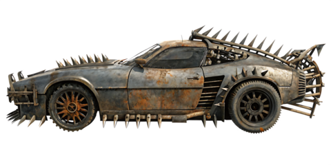post apocaliptyc sportcar with rusty metall parts isolated on white background PNG