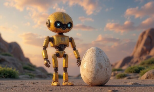 Robot exploring alien landscape with mysterious egg