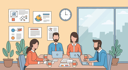 Flat vector illustration of a diverse business team in a meeting room, collaborating with laptops and documents. Emphasizes teamwork, discussion, and corporate environment