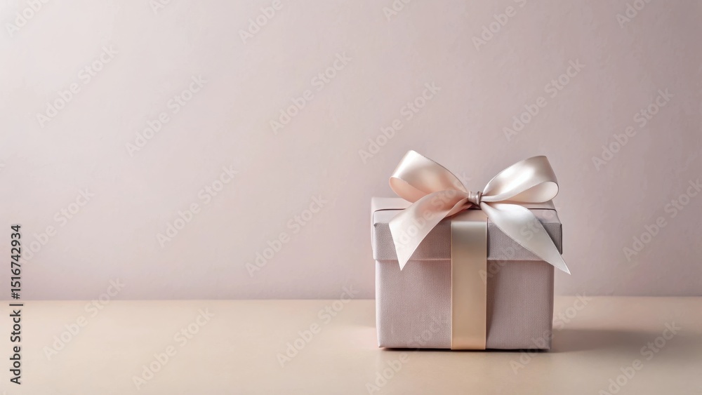 Poster a delicately wrapped present, a blush-toned box adorned with a satin ribbon, sits on a neutral surfa
