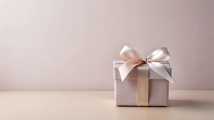 A delicately wrapped present, a blush-toned box adorned with a satin ribbon, sits on a neutral surface, creating a serene and elegant scene.