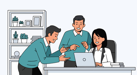 Collaborative flat vector illustration of a diverse business team of three working together on a laptop. Emphasizes teamwork, mentorship, and a positive office environment