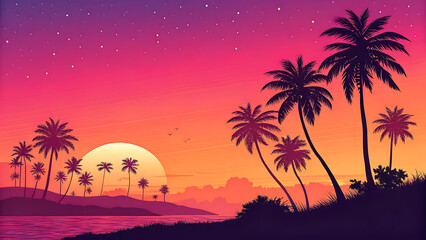 Obraz premium Tropical Sunset Silhouette: An idyllic tropical scene unfolds as the sun descends, casting long shadows of palm trees against a vibrant canvas of orange and pink hues.