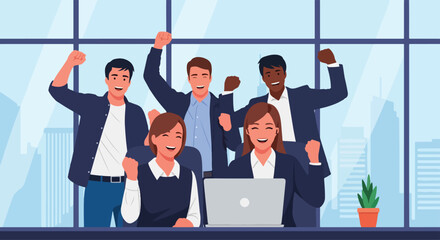 Adobe Illustrator Artwork Flat vector illustration of a triumphant and diverse business team celebrating success with raised fists around a laptop. Emphasizes teamwork and achieving business goals
