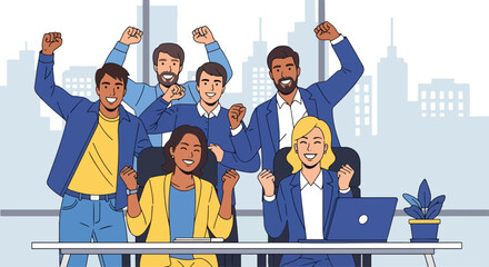 Adobe Illustrator Artwork Flat vector illustration of a triumphant and diverse business team celebrating success with raised fists around a laptop. Emphasizes teamwork and achieving business goals