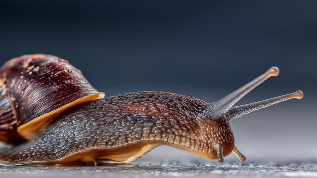 Slow moving snail with shell exploring a wet reflective surface shiny and delicate