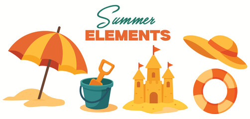 vibrant summer beach elements collection with umbrella sandcastle bucket hat and lifebuoy for seasonal designs