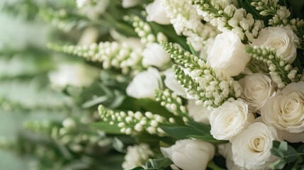 Obraz premium An exquisite arrangement of white flowers complemented by lush greenery, embodying purity and simplicity, ideal for enhancing any decor with elegance and grace.