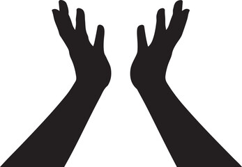 Silhouetted arms and hands reaching upwards isolated on a pure white background
