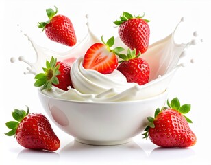 Fresh ripe strawberries splashing into a bowl of creamy yogurt creating a delicious and vibrant food photography image perfect for advertising or recipe websites.