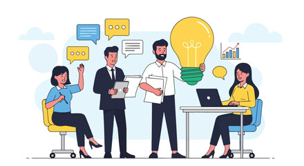 Obraz premium Adobe Illustrator Artwork flat vector illustration of a diverse business team brainstorming ideas around a table with a glowing lightbulb. Emphasizes teamwork and business innovation