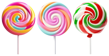 PNG Three colorful swirled lollipops in vibrant patterns element set on transparent background.