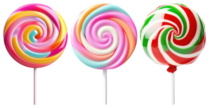 PNG Three colorful swirled lollipops in vibrant patterns element set on transparent background.