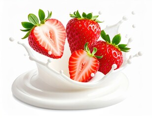 Three ripe red strawberries splashing into a creamy white milk swirl creating a vibrant and refreshing dairy dessert image perfect for advertising or packaging.