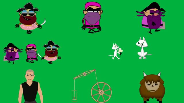 cartoon character sunglasses pirate hat wearing mask witch costume three characters, one other green screen image cat white sitting next background man black vest spinning machine bison.