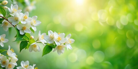 Delicate White Blossoms on a Lush Green Branch, Basking in Soft Sunlight, a Symbol of Spring's Gentle Arrival