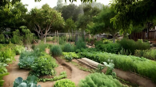 Lush vegetable garden featuring rows of lettuce, cabbage, dill, and chives with wooden structure in a rural setting.