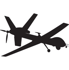 Black silhouette of military drone. Top, front and side view. Army aircraft for intelligence and attack. Industrial isolated drawing, Bayraktar TB2, MQ-9, TAI Aksungur, Falco.