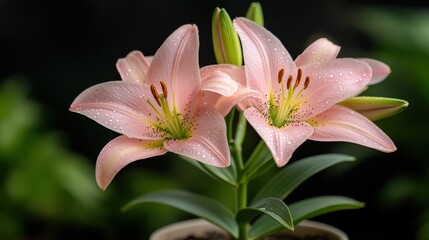 A beautiful arrangement of pink lilies, glistening with raindrops on their delicate petals, embodying freshness and life, set against a soft, dark background.