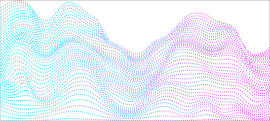 Flowing particles wave pattern colorful gradient blue purple pink isolated on white background. Vector in concept of AI technology, science, music, modern.