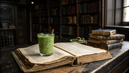 Glass of matcha chia pudding on an open book in a library setting  