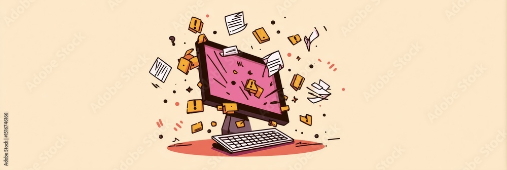 Poster Crashed Computer With Flying Files and Warning Symbols Creating Chaotic Situation in Minimalistic Design