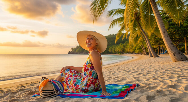 Portrait of happy senior woman in straw hat enjoying summer vacation on tropical beach, beach holiday concept - Powered by Adobe