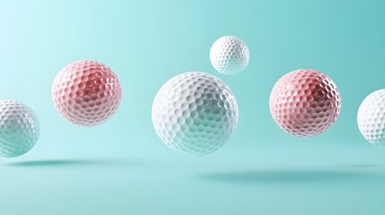 Floating golf balls in pastel shades against a mint background.