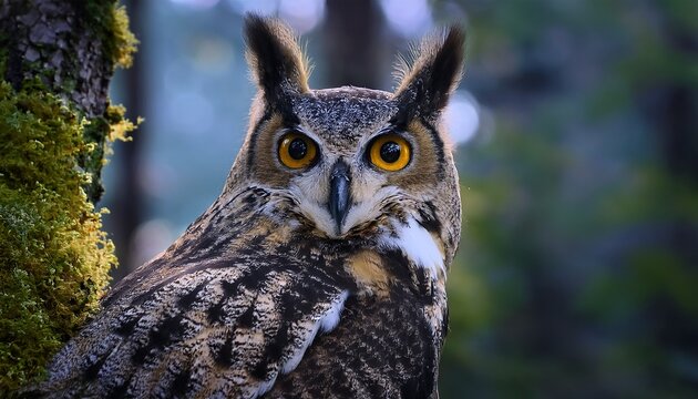 a great horned owl perched on a mossy tree branch piercing yellow eyes looking directly into the lens twilight forest ambiance