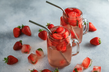 Strawberry refreshing drink with fresh berries. Sugar free drink