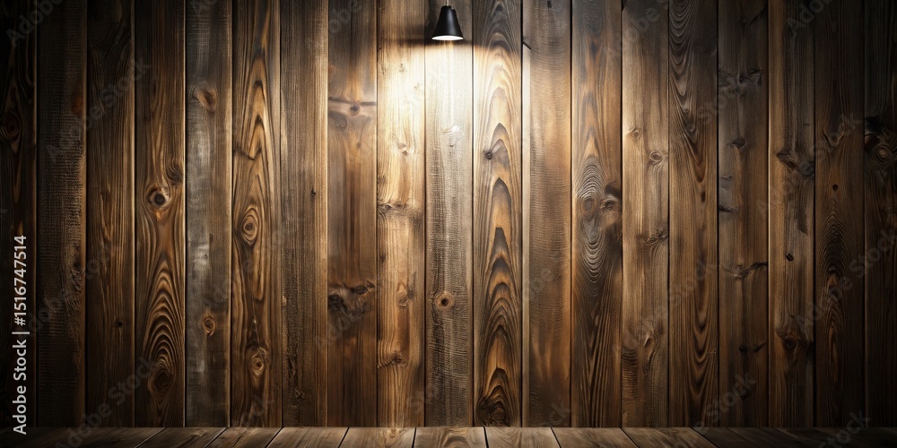 Poster Illuminated Rustic Wooden Wall with Floor and Hanging Lamp A Perfect Background for Product Displays or Design Projects