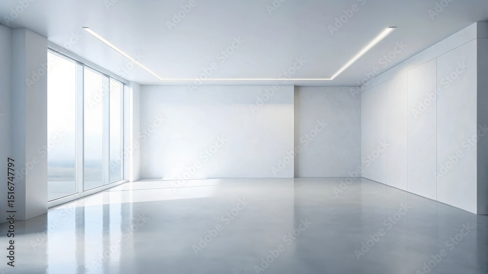 Poster empty modern room with large window and polished floor, ideal for presentations or displays