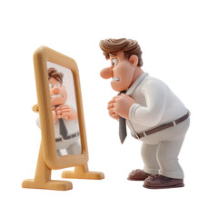 Anxious man checking mirror reflection.