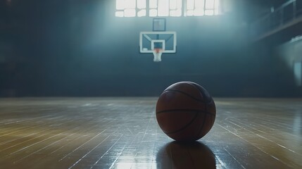 Basketball on a hardwood court in an empty gymnasium.