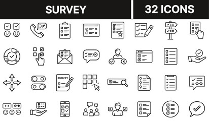 Survey Icon Set Representing Questionnaire, Feedback Form, Poll, and Data Collection Concepts
