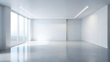 Empty Modern Room with Large Window and Polished Floor, Ideal for Presentations or Displays