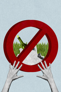 Fototapeta Creative artwork template image 3D collage of hand hold stop cross sign bottle glass eco activist conservation environment planet support