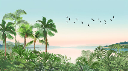 Peaceful Island Wall Mural: Gentle Palms, Flying Birds & Horizon at Dusk/Dawn © csinie1