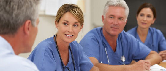 Fototapeta premium Medical professionals engage in team meeting hospital group discussion
