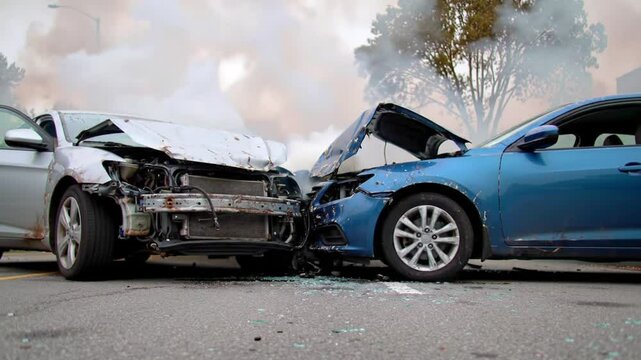 Two cars collide in a devastating crash, resulting in significant damage, smoke, and shattered glass on the road after the accident